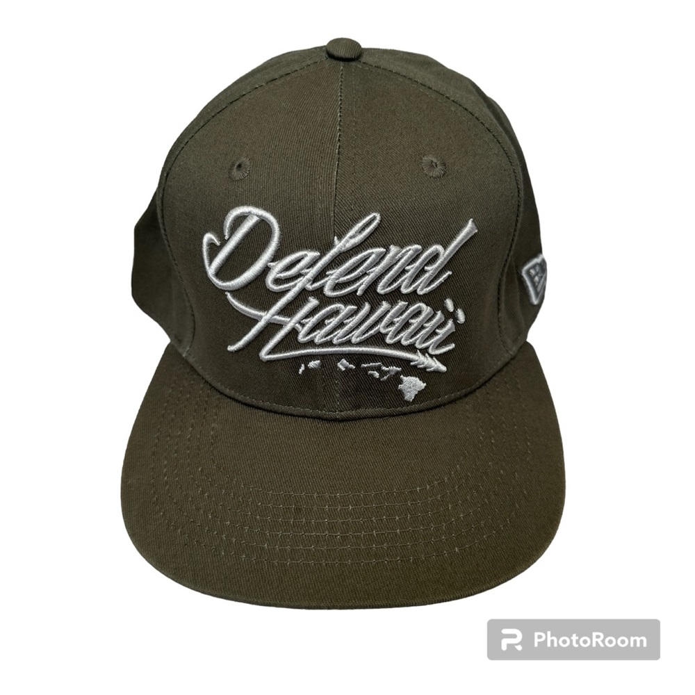 Defend Hawaii Olive Green Script Embroidered Snapback Hat
